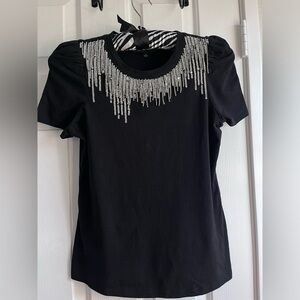 INC International Concepts INC Sequin-Fringe Cotton T-Shirt Black size S